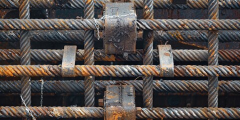 Steel pipes for pulling cables through square reinforcement mesh to reinforce the bridge structure at a construction site