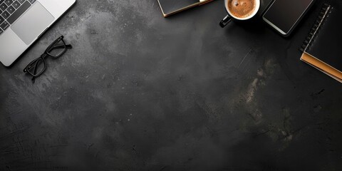 Black Desk with Laptop, Coffee, Phone, Notebook and Glasses