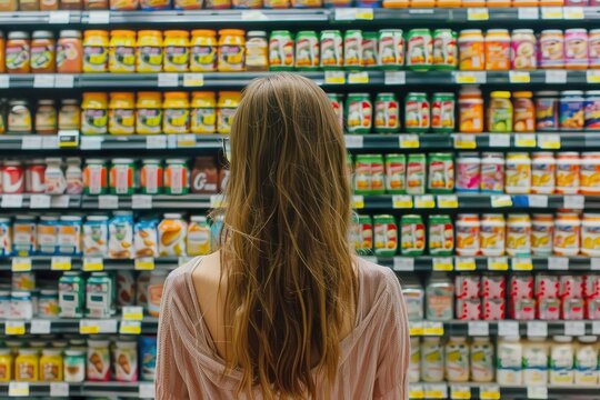 woman scrutinizing product labels in vibrant grocery aisle splitscreen comparison nutritional facts highlighted decisionmaking visualized