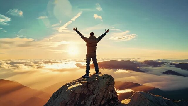 Triumphant Hiker on Mountain Peak at Sunset