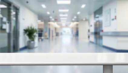 Empty White Tabletop with Blurred Hospital Corridor Background