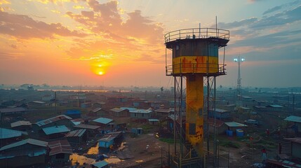 Sunrise over a Slumscape with a Water Tower