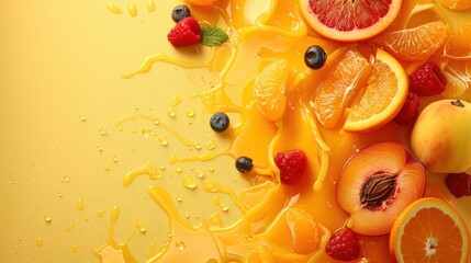 Spilled Orange Juice with Fruit and Berries