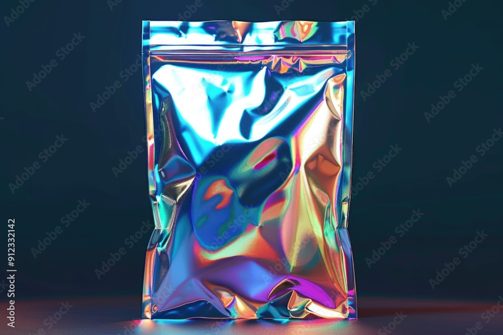 Poster a shiny metallic foil bag sits on a table, ready for use