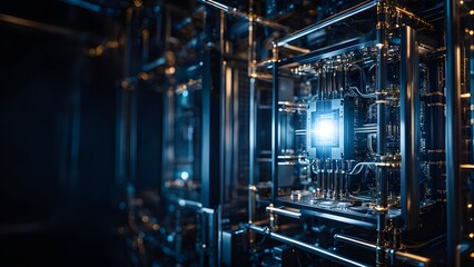 A computer chip is lit up in a dark room