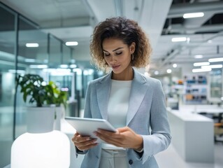 A photograph of a businesswoman reading from a tablet in a minimalist office, with clean white walls and a sleek desk in the background