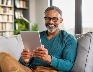 Happy middle aged man grey hair using digital tablet computer relaxing on sofa at home 