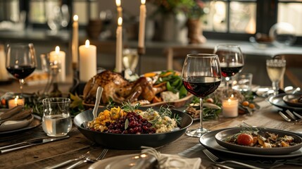 Fototapeta premium A warm gathering around a beautifully set table with delicious dishes and flickering candlelight