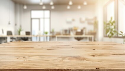 Wooden Tabletop with Blurred Modern Office Background