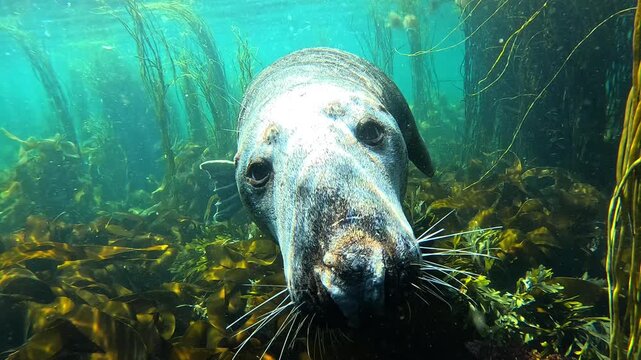 A male grey seal tenderly kisses the camera before swimming away into the kelp seaweeds. Filmed in Brittany, France. Check my gallery for similar footages.