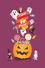 Trick or Treat Poster Halloween pumpkin basket with tiny children