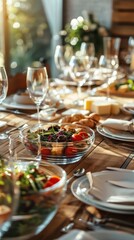 A cozy dinner table is arranged with a fresh salad, bread, and elegant glassware, illuminated by warm sunset light