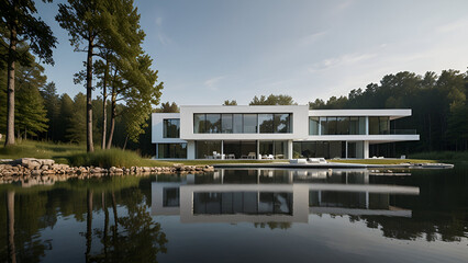 Fototapeta premium Ultimate Retreat: Stylish Home by the Lake with Mini Pool and Modern Comfort