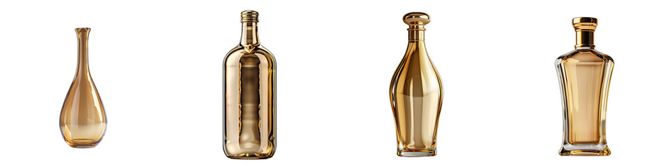 A bottle with a gold color isolated on a transparent background - Highlighting its sleek, reflective surface and elegant design - Clean and luxurious composition with soft, even lighting - Studio phot