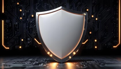 A shield icon on an abstract motherboard background with bright LED pathways, representing antivirus