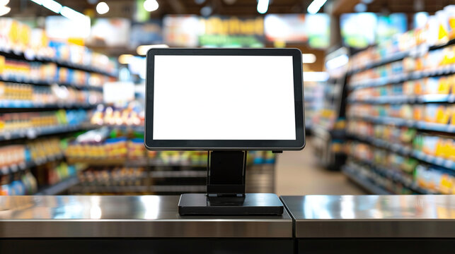 Supermarket checkout with white screen mockup on supermarket background