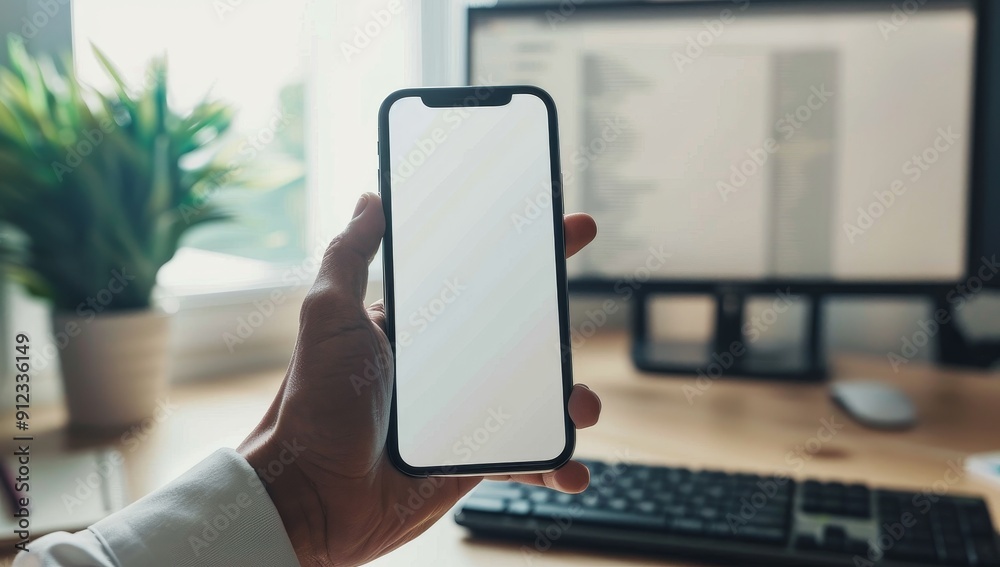 Poster Person Holding Smartphone with Blank Screen in Front of Computer