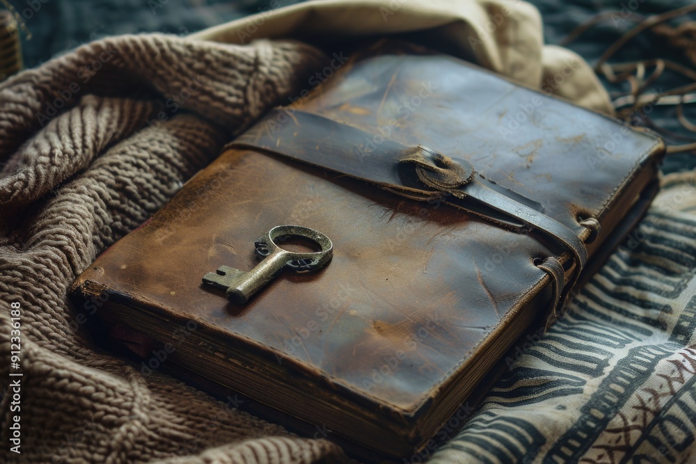 Poster a worn leather-bound book with a key sitting atop, perfect for use in historical or literary setting