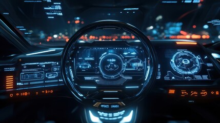 A futuristic car dashboard interface with holographic displays and advanced navigation system