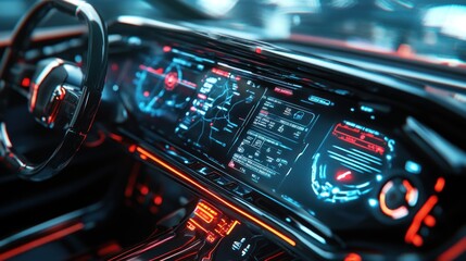 A futuristic car dashboard interface with holographic displays and advanced navigation system