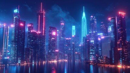 Obraz premium A futuristic cityscape at night with neon lights and towering skyscrapers, digital art style
