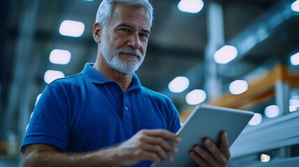A confident senior man with a tablet in a modern warehouse, showcasing technology in the workplace.