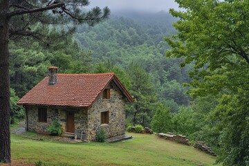 Obraz premium A small stone house sits on a hillside in a lush green forest. The house is surrounded by trees and has a stone chimney. The scene is peaceful and serene
