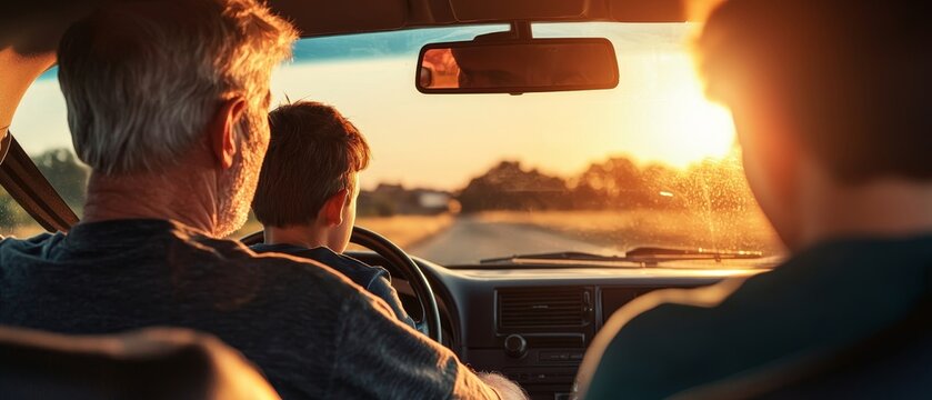 A scenic view from the backseat capturing a father driving with his children as the sun sets on the open road.