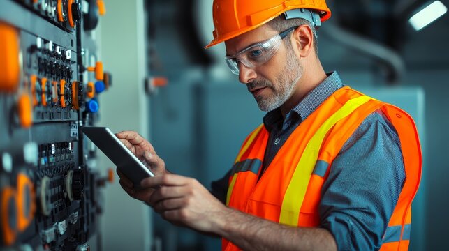 A worker in safety gear using a tablet to troubleshoot electrical equipment in an industrial setting.