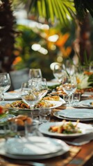 Fototapeta premium Guests enjoy a beautifully arranged table filled with dishes amidst lush greenery and bright flowers