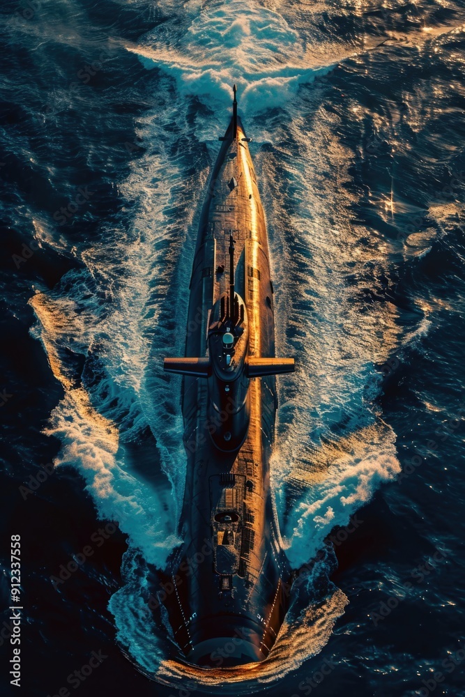 Poster a submarine floating in the middle of the open ocean, ready for its mission