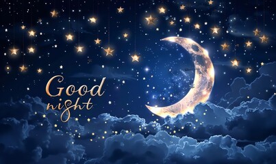 Golden crescent moon with stars and clouds on dark night sky background with calligraphy modern text - Good night