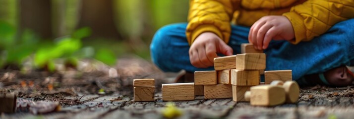 Fototapeta premium Wooden toy road Child playing with a wooden puzzle road outdoors for STEM education and playful learning