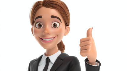 Little beautiful cartoon character business woman with thumb up in 3d style on white background