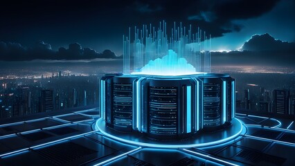 Obraz premium A futuristic cityscape with a large blue structure in the center