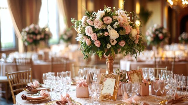 A wedding reception setup with elegant floral arrangements, beautifully wrapped favors, and a luxurious table setting in a romantic venue