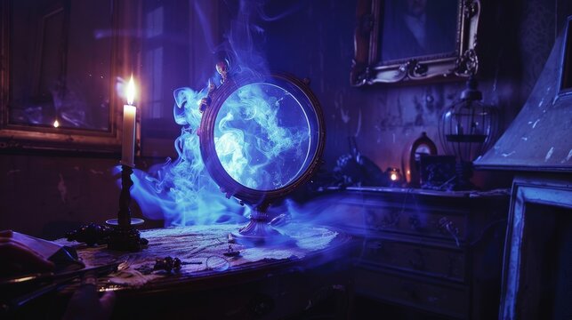 A medium channels spirits through a scrying mirror, surrounded by candles and mystical artifacts in an atmospheric, shadowy room