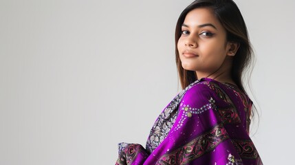 "Ethereal Elegance: 21-Year-Old Bangladeshi Woman in a Traditional Purple Printed and Nakshi Kantha Embroidered Half Silk Sari on White Background"
