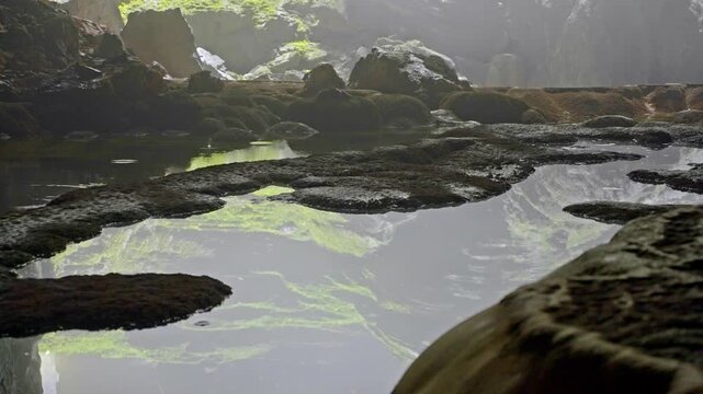 Close shot of a small pool of water in the Hang Son Doong cave, Vietnam. Prores 422 4K stock video.