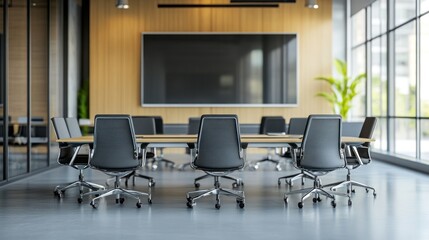 business meeting room equipped with a large screen for video conferencing, surrounded by modern office chairs