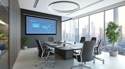 business meeting room equipped with a large screen for video conferencing, surrounded by modern office chairs