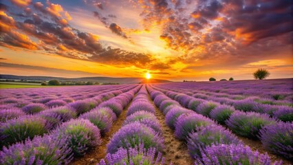 Warm sunset light illuminates a lush, vibrant lavender field, set against a breathtaking orange and gold sky, evoking feelings of serenity and romantic bliss.