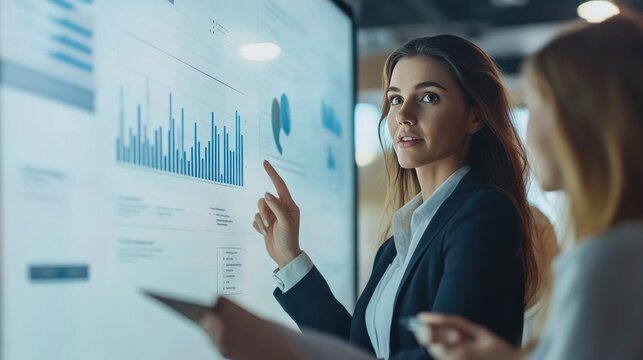 Close-up of businesswoman presenting graph on digital whiteboard. Her colleagues are listening and taking notes intently in a modern and stylish conference room