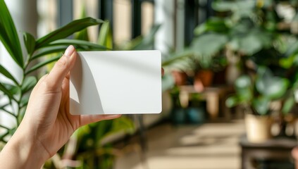 Hand Holding Blank White Card Against Green Blurred Background