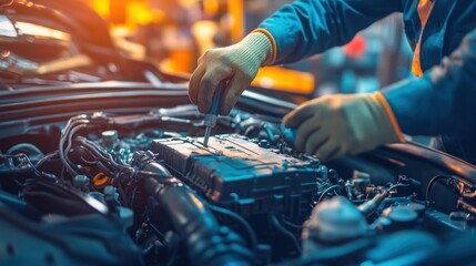 Close-up of mechanic's hands using precision tools to remove battery in front of car engine compartment in repair shop