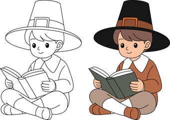 Thanksgiving Pilgrim Boy Reading Book Outline Coloring Page