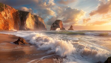 Fototapeta premium Dramatic Sunset Over Ocean Cliffs and Crashing Waves