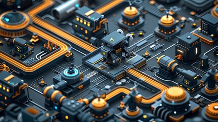 Fototapeta premium vector, illustration, flat, Smart factory isometric web banner. Smart robots hands work on assemble line, drones take production from conveyor belt for delivery. Automation process 3d vector illustrat