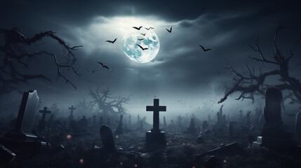 Fototapeta premium Full Moon Over Spooky Graveyard With Bats Dark and Gloomy Atmosphere