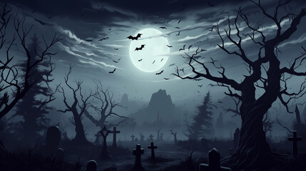 Haunted Cemetery With Full Moon And Flying Bats In Dark Night Sky